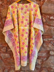 Vestido de caftán de playa de verano para dama de honor, hermoso bloque Floral impreso hecho a mano, caftán de algodón 100% con cuello en V, cintura Natural - Product Image 4