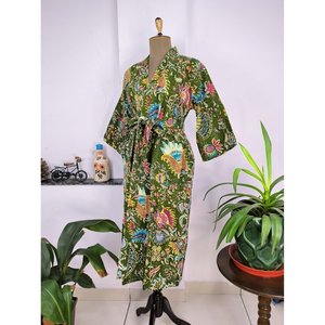 ชุดคลุมกิโมโนผ้าฝ้ายพิมพ์ลายบล็อกสไตล์โบโฮทำมือสำหรับผู้หญิง แบบสองด้าน พร้อมเข็มขัดตกแต่ง เหมาะสำหรับฤดูร้อนและสวน - Product Image 5