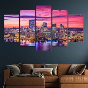 ภาพพิมพ์บนผ้าใบลายเส้นขอบฟ้าเมือง: ศิลปะตกแต่งผนังทิวทัศน์กลางคืนในเมืองที่มีชีวิตชีวา ชุดผ้าใบ 5 ชิ้น - Product Image 1