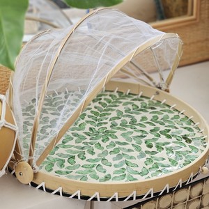 Plateau d'incrustation de coquille de perle mosaïque ronde avec la maille se pliante de dôme de nourriture de filet de couverture pour couvrir des plats - Product Image 5