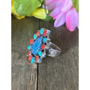 Southwest Handmade Opal & Turquoise Sterling Silver <b>Adjustable</b> <b>Ring</b> Bezel Set Fine Jewelry - Product Image 3