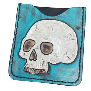 Western Stylish Genuine Leather <b>RFID</b> <b>Blocking</b> Card Holder Hand Tooled White Skull Design No Closure for Credit Cards Parties - Product Image 1