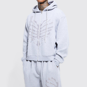 OEM Customize Men Two Piece Sets Custom Distress Embroidered Designs Zip Tracksuits Acid <b>Washed</b> Heavyweight Winter Outwear - Product Image 3