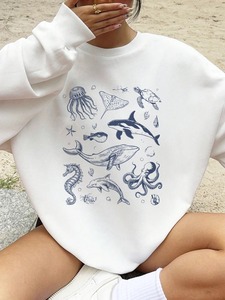 Baleine et requin imprime sweat femmes hiver polaire sweat à capuche chaud col rond pull ample basiques sport femme vêtements - Product Image 2