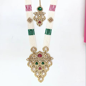 Flor India fantasía tradicional Motipearl & Kundan largo Mala tono dorado Kundan perla collar largo con juego de pendientes a juego mujeres - Product Image 1