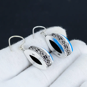 Precio al por mayor Vintage hecho a mano 925 gota de plata sólida pendiente azul turquesa forma ovalada piedra preciosa regalo cristiano clásico - Product Image 4