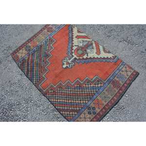 Tapis traditionnel en laine patchwork bleu rouge 4x2.7ft Tapis de salon turc vintage avec support en latex 9x12" - Product Image 2