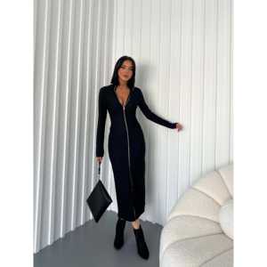 เดรสสีดำแขนยาวพร้อมดีเทลซิป ทรงเข้ารูปสวมใส่สบาย เอวทรงธรรมชาติ - Product Image 6