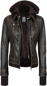 Women's Removable Hood <b>Leather</b> <b>Jacket</b> Genuine Lambskin by Expert Manufacturers and Global Suppliers Comfortable Outerwear - Product Image 2
