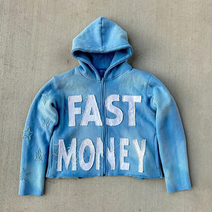 Écologique Personnalisé Élégant Vibrant Acid Washed Distressed Patches Brodés Cropped Zip-Up Hoodie pour Hommes - Product Image 3