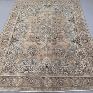 9.3x12.8 ft Oversize Vintage Rug, Turkish Rug, <b>Brown</b> Blue Patchwork <b>Wool</b> Rug - Product Image 1