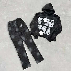 Fabricant sur mesure – Nouveau modèle : Sweat long en molleton bouclette 100 % coton, coupe oversize, ourlet brut, délavé à l'acide, effet soleil, avec strass brodés, style streetwear. - Product Image 2