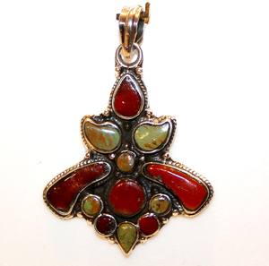 Pendentif en argent sterling 925 artisanal népalais en forme de goutte de corail turquoise multi-pierres populaires avec réglage de lunette - Product Image 2