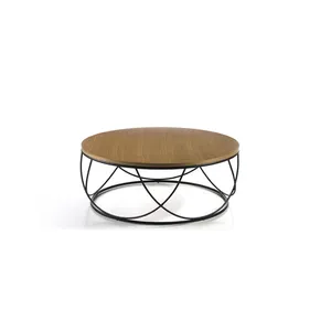 Table basse en fil de métal de qualité supérieure avec revêtement en poudre noire à dessus rond en bois et conception de cage de finition de polissage du bois - Product Image 1