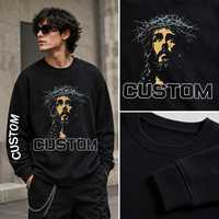 T-shirt surdimensionné pour homme, 300 GSM, coton mélangé lourd, logo personnalisé, col rond, manches longues, imprimé graphique, streetwear