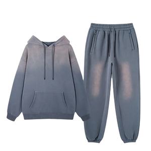 Ropa de calle de lana lavada con ácido de dos piezas personalizada, chándal sólido con capucha para mujeres y hombres, invierno, ligero, a prueba de viento, Logo frontal Plus - Product Image 1