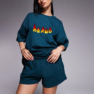 Nouveauté T-shirt et short pour femme en coton 100% lourd, coupe régulière, épaules tombantes, manches courtes, séchage rapide, uni, été - Product Image 6