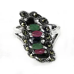 925 Silver Multi-Gemstone <b>Statement</b> <b>Ring</b> for Women Fine Jewelry with Geometric Pattern Cut Garnet Main Stone Platinum Material - Product Image 3