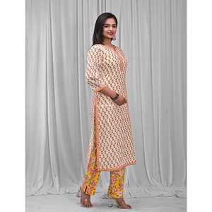 ชุดคุรตะผ้าฝ้ายสีขาวลำลอง (ชุด 2 ชิ้น) ลายพิมพ์บล็อก แขนสามส่วน สำหรับฤดูใบไม้ผลิ/ฤดูร้อน - Product Image 2