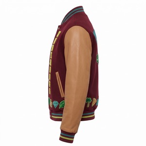 Blouson universitaire en cuir avec bordure de bas en patch, bordeaux, en laine et cuir camel, vintage, convertible, avec lettres en chenille, OEM - Product Image 3