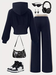 Ensemble deux pièces décontracté pour femmes, automne et hiver, veste courte à capuche, pantalon ample au-dessus du genou, haut uni respirant - Product Image 4