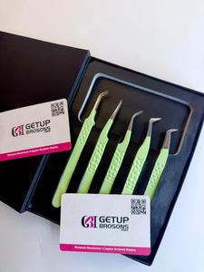 Nouvel ensemble de pinces à cils antistatiques GETUP BROSONS IMPEX en acier inoxydable avec pointe lisse de 10 mm et revêtement en poudre verte, personnalisable avec logo - Product Image 1