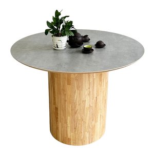 Table à manger ronde moderne CBBA106 avec 4 chaises en chêne, coussins confortables en similicuir pour la maison ou l'hôtel - Product Image 2