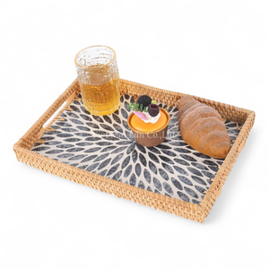 Natural Material Serving Tray with <b>Rattan</b> Frame and Mother of Pearl Surface for Home <b>Dining</b> <b>Tables</b> - Product Image 2