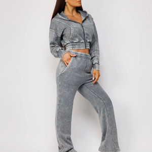 Custom Women's Vintage Cropped Tracksuit 100% Cotton Acid Wash Hoodie Flare Sweatpants <b>Set</b> <b>Crop</b> <b>Top</b> Hoodie <b>Set</b> Casual Style - Product Image 3