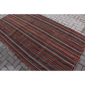 Vintage 4.5ft X 8ft <b>Red</b> Black Striped <b>Wool</b> Rug Classic Patchwork Design Handmade Latex Plush for Bedroom Bedside Use Polyester - Product Image 3