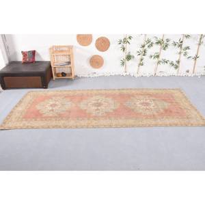 Tapis turc vintage 4.7 x 11.1ft fait à la main Orange Beige laine peluche Pile hauteur grand Rectangle Patchwork couloir pour entrée - Product Image 1