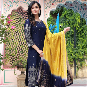 Femmes Bleu Imprimé Kurta Pantalon Et Dupatta Sets Summer Elegant Casual Dresses Fashion Ladies Vintage Latest Design 100% Rayon - Product Image 1