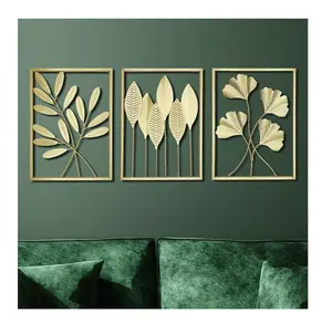 Modern Elegant Home Style 3 Frame Metal Brass Rod Square And Sheet Leafs Wall Art Gold Powder Coated For Living Room Decorative