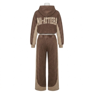 Conjunto de Sudadera Corta y Pantalones Jogger de Pierna Ancha para Mujer, Estilo Acid Wash Marrón, de Algodón y Felpa, Ropa Deportiva Urbana, Venta al Por Mayor OEM - Product Image 4
