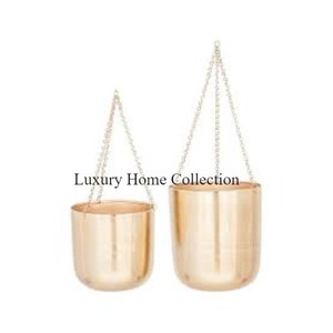 <b>Rose</b> Gold Shiny Plated Garden Ware and Home Decorative Planters and Pots Set of 2 Chain Design Hanger Silver Color Garden Pots - Product Image 1