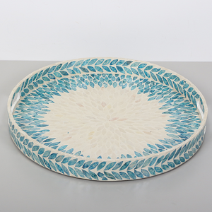 Bandeja de Servicio Redonda de Nácar Hecha a Mano con Ratán, Borde Bajo, Diseño Azul, Venta al por Mayor para Cocina y Mesa de Comedor - Product Image 5