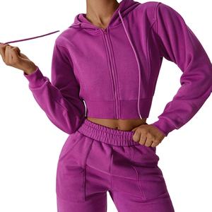 Femmes hiver Fitness jambe droite survêtement pantalon ensemble fermeture éclair complète haut court polaire à capuche taille élastique pantalons de survêtement avant plat - Product Image 4