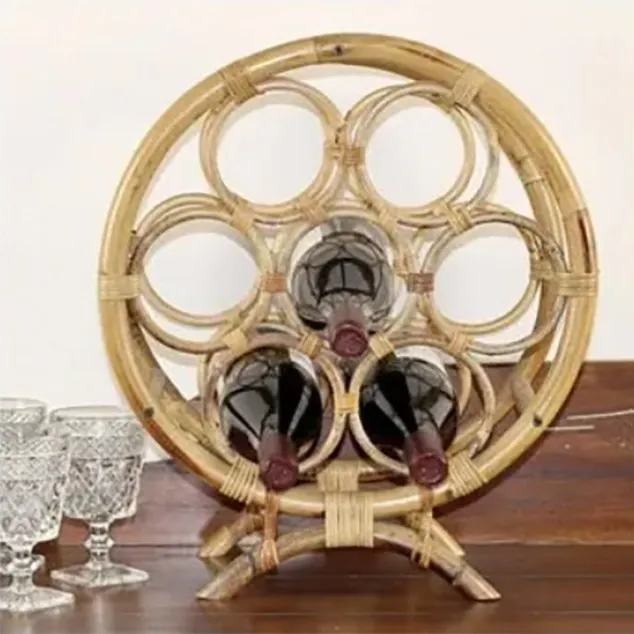 Estilo vintage Rattan Wine Rack e ganhar porta-garrafas com alça de artesanato VN