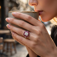 Bague en or blanc 18 carats au design antique avec grappe de rubis baguette et diamants taille princesse, bijoux haut de gamme du fabricant