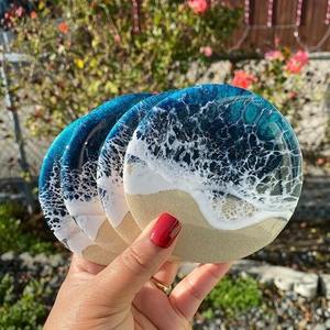 ที่รองแก้วชาเรซินแบบส่วนบุคคลที่มีประกายหินอ่อนหรือที่ฝังเปลือกหอยสำหรับตกแต่งโต๊ะและให้เป็นของขวัญ - Product Image 5