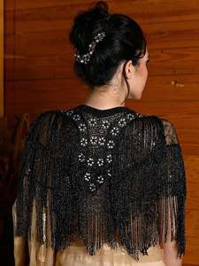 Luxueux élégant cape perlée robe de soirée club pailleté tissu en mousseline de soie décoré de perles pour une tenue formelle d'accentuation élégante - Product Image 2