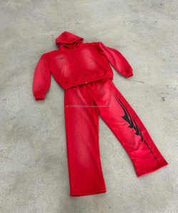 Chándal personalizado de gran tamaño para hombre 2025, conjunto de pantalones acampanados Vintage y sudadera con capucha, estampado de algodón lavado con ácido, diamantes de imitación, chándal de 2 piezas - Product Image 1