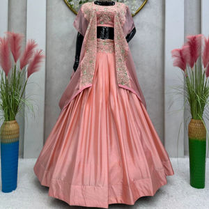 Semi-Stitched Lehenga Choli with <b>Shrug</b> Chinon Fabric Thread & Sequins Embroidered Wedding & Party Wear - Product Image 4