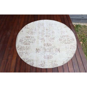 4.3x4.4 ft Round Turkish Rug, Vintage Rug, White <b>Brown</b> Floral <b>Wool</b> Rug - Product Image 1