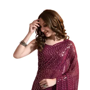 Bollywood-Stijl Feestkleding Sari Met Prachtige Pailletten Borduurwerk Van Fabzone