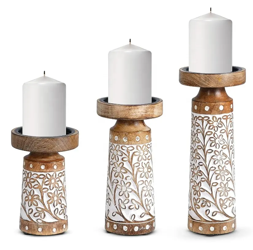 Pillar Candle Holders Rustic White Hand Carved Mango Wood Candle Holders for Pillar Candles in Home Living Room set of 3