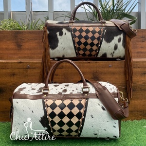 Popular logotipo personalizado tablero a cuadros conjuntos combinados de 2 piezas Fitness mano Tooled FIN DE SEMANA durante la noche cuero de vaca genuino bolsas de lona de viaje - Product Image 1