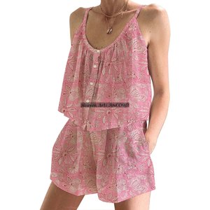 Block Printed Shorts PJ Sets | Bohemian Floral <b>PJs</b> | Boho Spring/<b>Summer</b> Floral Fitted Strappy Sleeveless PJ Set - Product Image 2