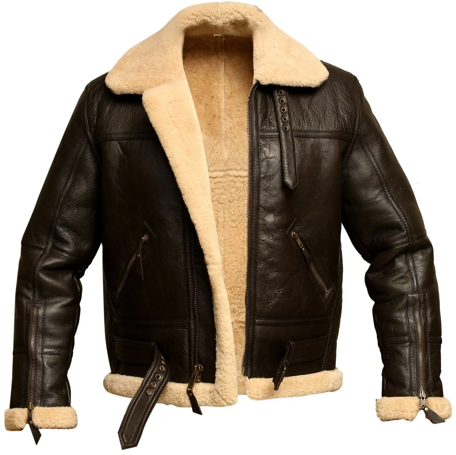 Wholesale B3 RAF Aviator Brown Bomber Real Shearling Sheepskin Leather Flight Jacket men winter products 2023 windbreaker jacket