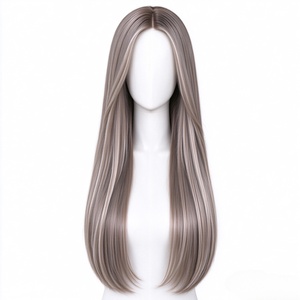 Long Straight Silver Gray <b>Synthetic</b> Fiber Wig for Women Fashion Natural Look Adjustable Cap Daily Wear Party Cosplay - Product Image 1